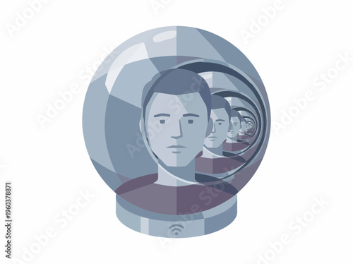 Man's head within a crystal ball showing an infinite tunnel of serious faces, symbolizing conformity, loss of individuality, or a controlled mindset.