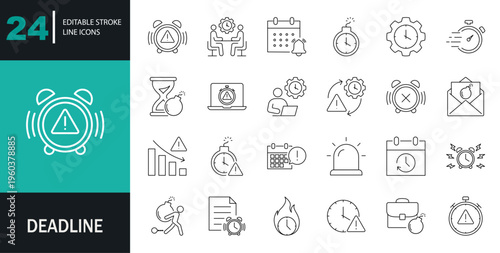 Deadline line Editable Icon set. Time-related icons: workaholic, calendar, clock, alarm, work, stress, and more. Vector illustration