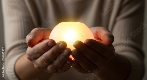 Close Up of Hands Holding a Luminous Glowing Light Hemisphere Concept of Sharing Hope and Inner Peace