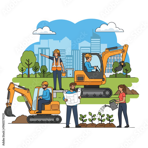 Construction crew with excavators and plants, overseeing urban development