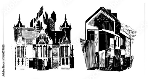 Gothic with pointed and spires, modernist house with geometric forms, black and white halftone style, architectural contrast, vector graphic.