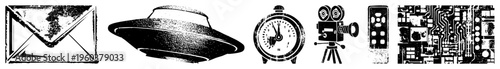 Classic stylized symbols with halftone texture, design, tech and communication motifs, nostalgic vector art, isolated graphic elements.