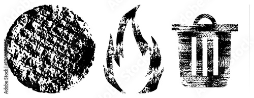 Stylized vector with distressed texture trash bin, flame, and circular graphic. Ideal for UI, web, or print design. Grunge aesthetic, black and white, isolated elements.