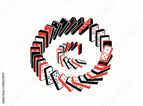 Dominoes falling in a spiral pattern, representing a chain reaction, consequence, or the domino effect in a dynamic, abstract composition.
