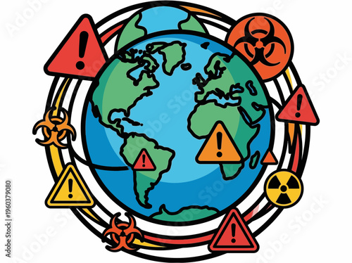 Global warning signs and biohazard symbols surround the planet Earth, representing environmental and health risks.