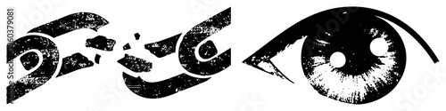 Graphic design featuring a detailed anime style eye and fragmented glyph lettering, both rendered in high contrast black with distressed texture, ideal for branding or digital art.