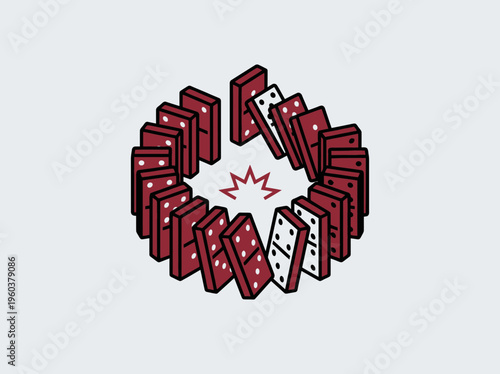 A circle of dominoes is about to fall, symbolizing chain reactions, consequences, and the domino effect in business or life.