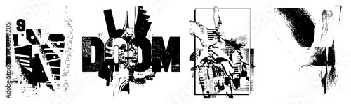 Experimental typography with fragmented letters, glitch effects, urban graffiti, stencil style, black and white vector art, street art composition.