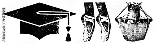 Academic cap, ballet shoes, wicker basket symbolic for education, dance, and artisan crafts. Flat vector design with distressed texture.