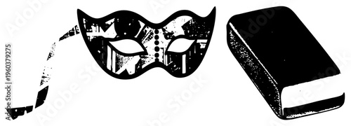 Ornate masquerade mask with cityscape motif and classic book, vector art, graphic illustration, urban, literary mystery, elegant disguise, design.