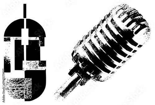 Retro microphone with ribbed grille and radio transmitter with antenna, black and white halftone vector, classic broadcast equipment, gear, studio.