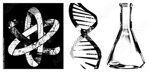 Atomic symbol, DNA double helix, Erlenmeyer flask, science, scientific illustration, research tools, biology chemistry, academic symbols.