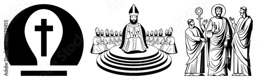 symbols including and omega, bishop presiding over clergy, Christ flanked by disciples, biblical scenes rendered in minimalist art.