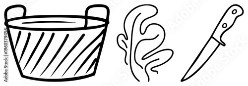 Simple illustrations of kitchen tools including a striped bucket, swirling, and a chef’s knife. Minimalist art, ideal for culinary design, apps, or web interfaces.