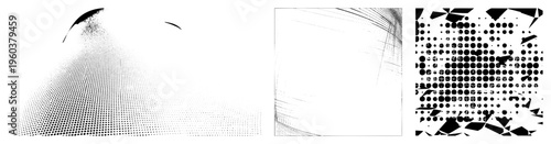 Vector graphic featuring halftone dots forming abstract shapes, geometric fragmentation, and tonal gradients, minimalist design, digital art composition.