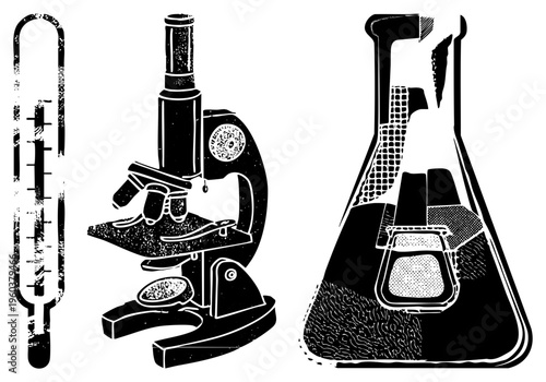 Retro microscope, thermometer, and beaker with textured, lab tools, scientific equipment, educational illustration, black and white graphic.