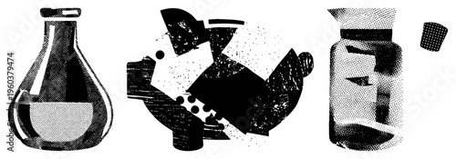 Lab flasks, piggy bank, glass jar with lid stylized scientific containers, halftone texture, black and white vector graphics, isolated lab objects.