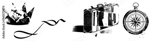 Retro travel symbols including crown, ribbon, vintage suitcase, and compass rendered in halftone vector style. Ideal for wanderlust branding, tourism, or adventure themed design projects.