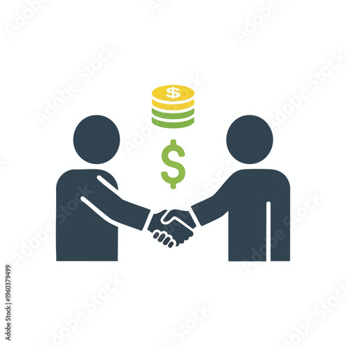 Two figures shake hands under a stack of coins and a dollar sign