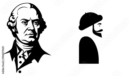 Historical portrait of George Washington in colonial attire, contrasted with minimalist soldier silhouette, both in black and white vector art.
