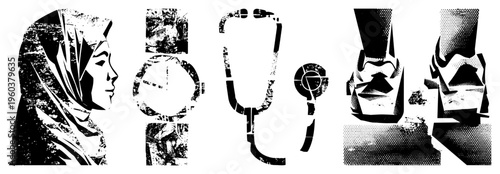 Stylized halftone doctor, stethoscope, watch, and medical hand, graphic design elements, healthcare symbols, vector art.