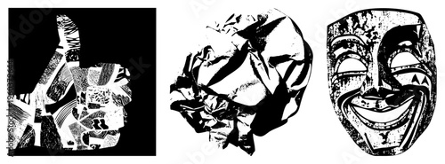 Graphic design featuring stylized thumb up, crumpled paper texture, carved wooden mask, halftone, vector art, isolated foreground elements.