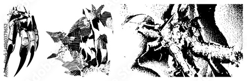Abstract silhouettes with clawed hands and spiky forms, rendered in halftone, vector art, isolated creatures, comic book style.