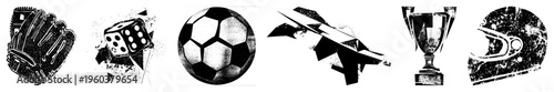 Sports gear including baseball glove, dice, soccer ball, jet fighter, trophy, helmet. Classic vector symbols for games, victory, speed, luck, and competition.