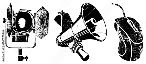 Studio spotlight, megaphone, computer mouse classic tech tools rendered in halftone style. Film lighting, broadcast equipment, digital input device. Retro tech symbols for and communication.