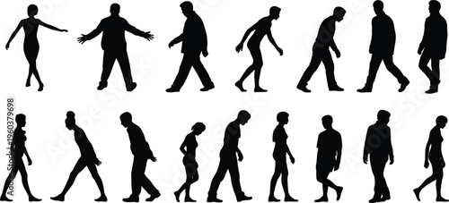 human walking evolution silhouettes set, people progression poses collection, movement stages concept, male female figures, black white vector illustration
