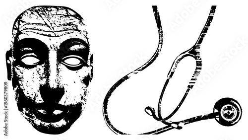 Vintage style mask and stethoscope graphic, medical, health care emblem, historical artifact and diagnostic tool, black and white halftone design.