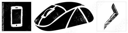 Three digital device phone, mouse, pen rendered in bold white with gritty texture, isolated on transparent background, flat vector design.