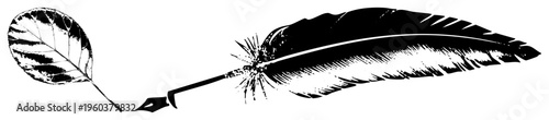 Vintage quill pen with feathered nib and leaf illustration, ink writing tool, literary symbol, nature motif, graphic.