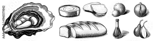 Classic black and white halftone engraving of oysters, bread, citrus, garlic, and condiments, food illustration, culinary art, vintage print, rustic kitchen, gourmet ingredients.
