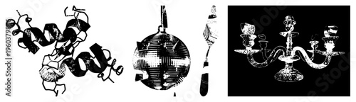 Molecular protein fold, disco ball reflection, vintage candlestick chandelier, halftone texture, black and white vector art, scientific illustration, decorative design.