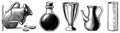 Antique ceramic pitchers, ornate glass bottle, vintage goblet, classic jug, historical vessel set, engraved art, design.