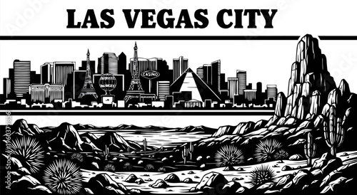 Las Vegas Cityscape Vector Illustration of Famous Landmarks in the Desert with Mountains and Cactus