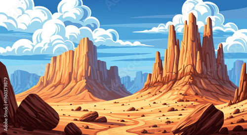 Magnificent Desert Landscape Illustration, A Majestic Canyon Scene with Buttes and Clouds, Vector Art