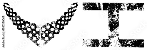 Ornate Celtic knot necklace with interwoven loops and circular cutouts, distressed texture, vintage aesthetic, jewelry design element, black and white vector graphic.