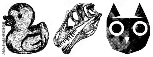 Hand drawn ink illustrations of a rubber duck with shading, a T skull with sharp teeth, and a minimalist owl with bold eyes. vector art, graphic design elements.