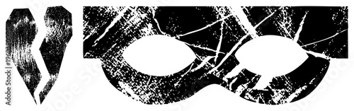 Broken heart and cracked mask graphic, vintage halftone print, distressed vector art, isolated symbols, romantic or theatrical theme, black and white design.