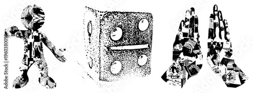 Black and white halftone stylized human, die, and hands, graphic art, vector illustration, pop art, fragmented design, digital collage.