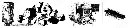 Vectorized mechanical with halftone texture, industrial hardware, abstract machinery, mechanical engineering, black and white graphic elements.