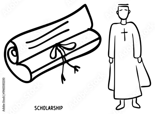 Student receiving academic award, religious scholar, educational certificate, holy scroll, clerical education, faith based learning, theological scholarship.