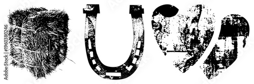 Grungy black and white vector hay bale, horseshoe, heart symbols with distressed texture, rustic farm motifs, isolated glyph elements.