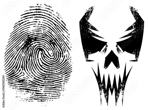 Biometric fingerprint scan alongside mask, forensic identification symbol, comic book villain design, black and white vector graphics.