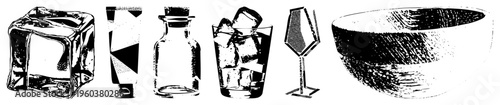 Set of drinking vessels including ice cube, cocktail glass, bottle, tumbler, wine glass, and bowl, rendered in black and white vector style with halftone shading and clean.