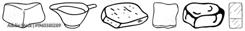 Sketch style food including bread, gravy boat, toast, sandwich, steak, and cheese block, rendered with clean and no shading.