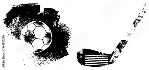 Athletic sports with distressed texture, soccer ball and golf club, stylized vector graphics, sport equipment, black ink splatter background.