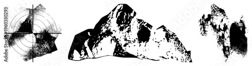 Stylized mountain peaks rendered in halftone, vector silhouette with texture, isolated terrain graphic, graphic design element, black and white illustration.